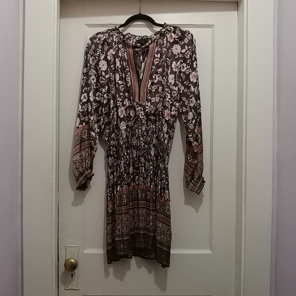Anthropologie Boho Mini Dress, Earthy Sable Brown, Toffee, Sienna & Cream Floral - Picture 4 of 8